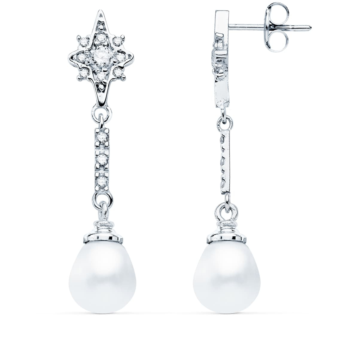 18K PENDIENTES LARGOS ORO BLANCO PERLA Y CIRCONITA 36X8 MM CIERRE PRESION 2