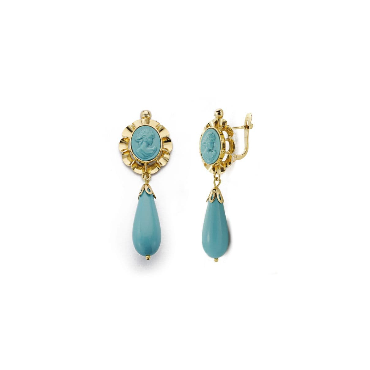 18K PENDIENTES CAMAFEO TURQUESA ORO AMARILLO 43X14 MM CIERRE CATALAN 2