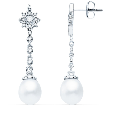 18K PENDIENTES LARGOS ORO BLANCO PERLA Y CIRCONITA 37X7 MM CIERRE PRESION 2
