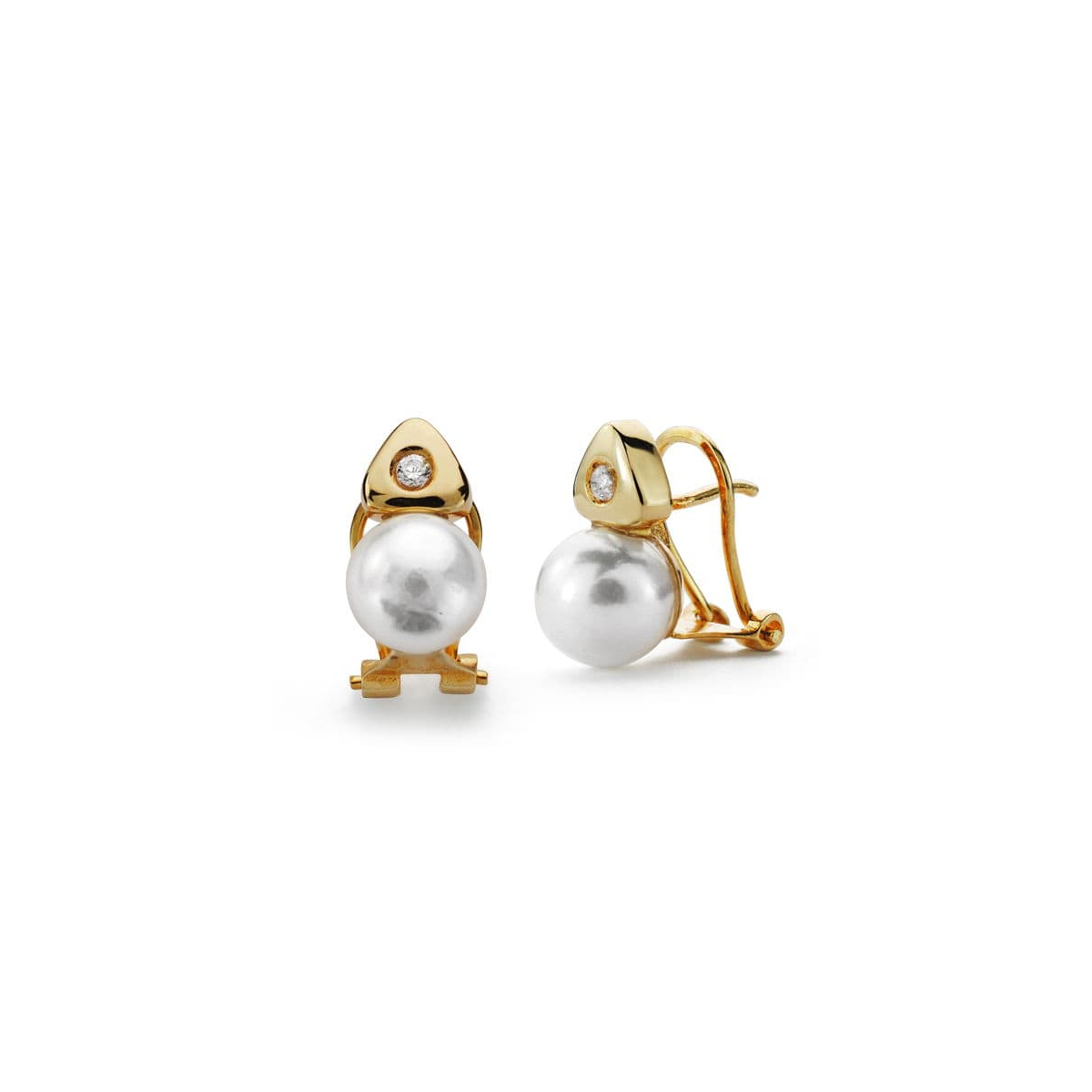 18K PENDIENTES ORO AMARILLO PERLA CULTIVADA 7 MM CIRCONITA CIERRE OMEGA 2
