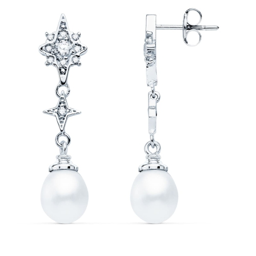 18K PENDIENTES LARGOS ORO BLANCO PERLA Y CIRCONITA 35X8 MM CIERRE PRESION 2