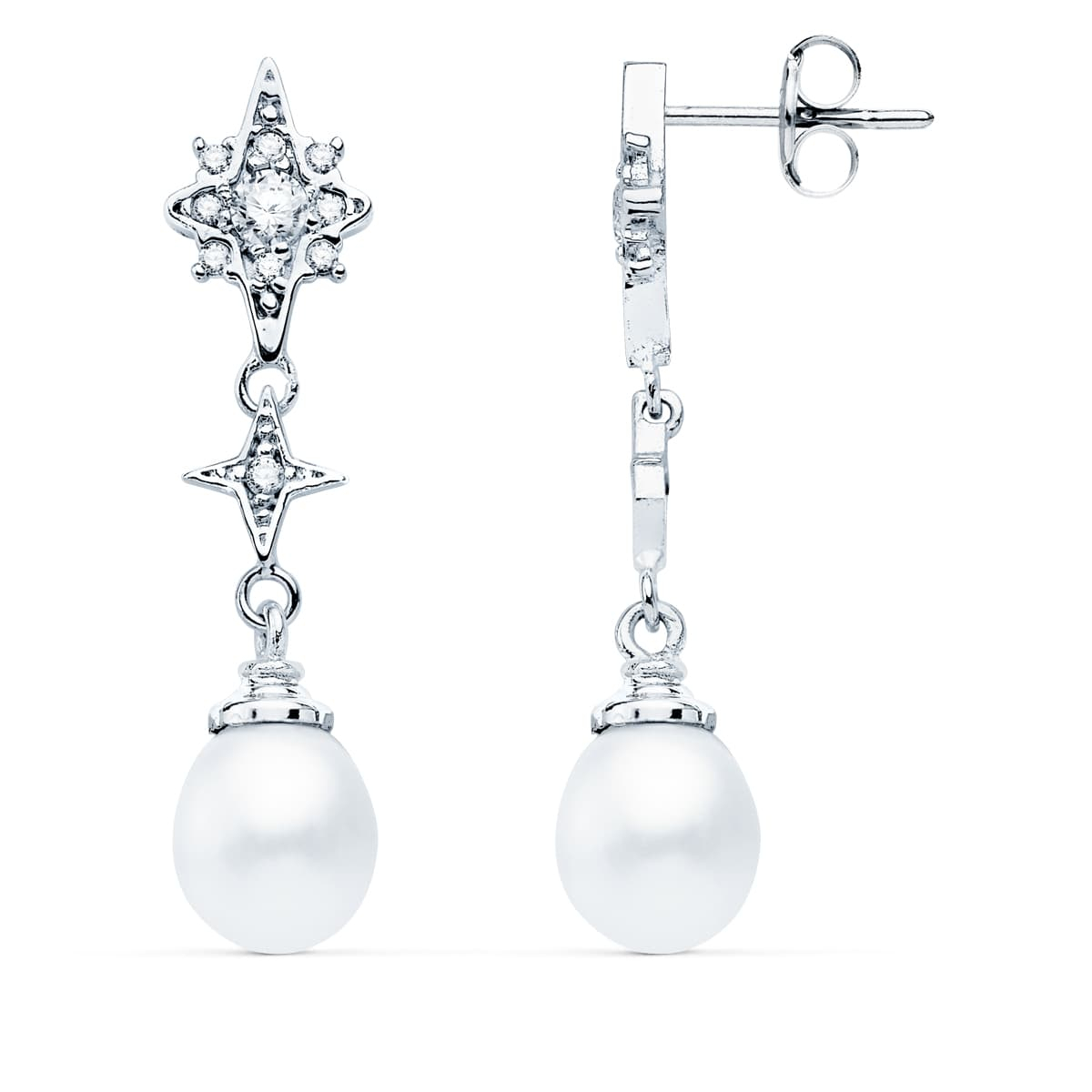 18K PENDIENTES LARGOS ORO BLANCO PERLA Y CIRCONITA 35X8 MM CIERRE PRESION 2
