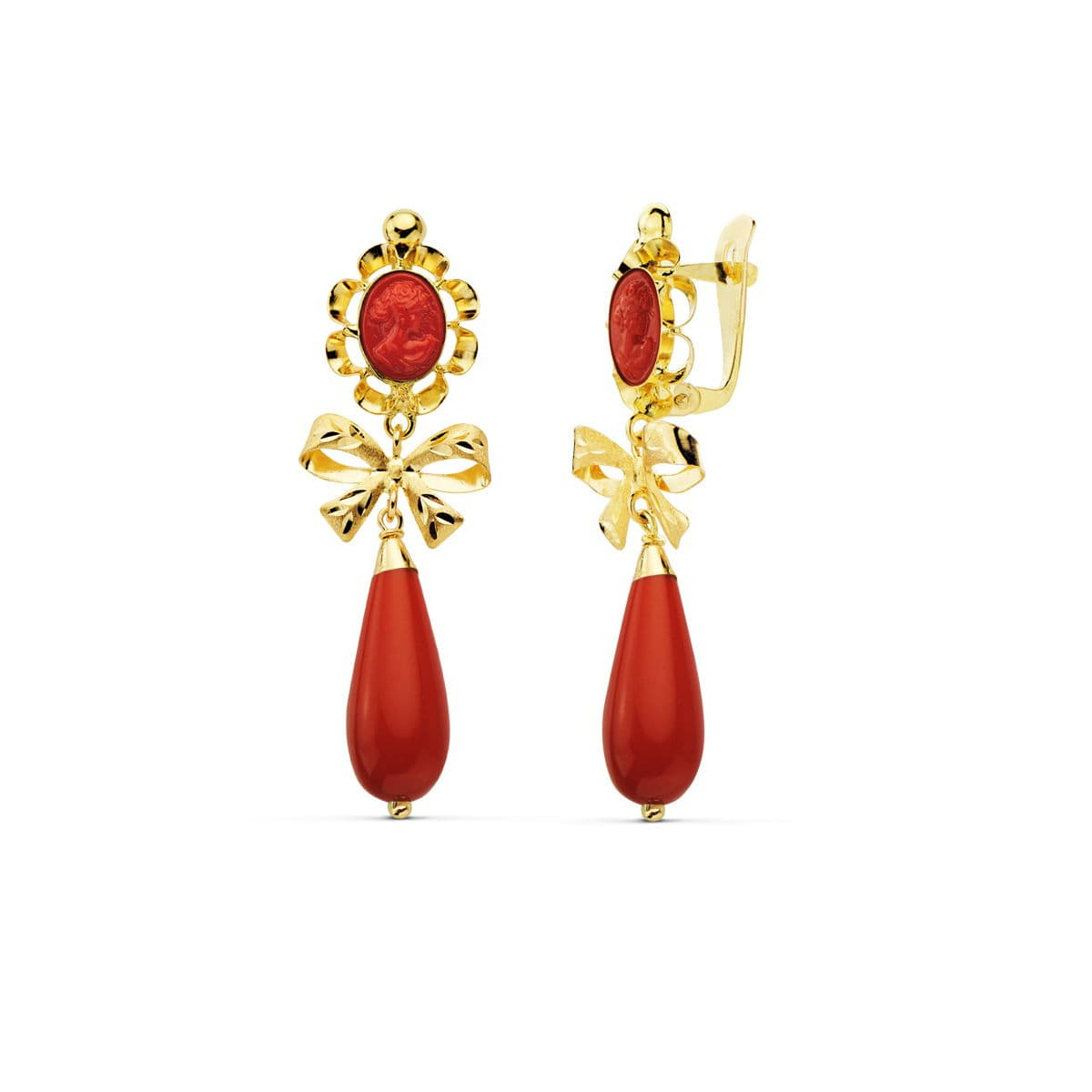 18K PENDIENTES ORO AMARILLO CORALINA CAMAFEO 42X13 MM CIERRE CATALÁN 2