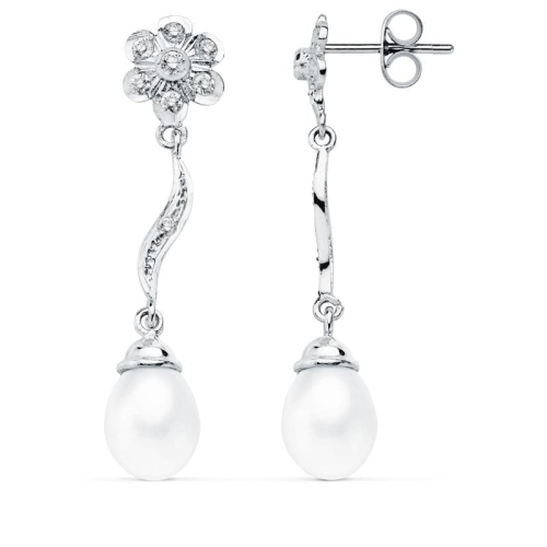 18K PENDIENTES ORO BLANCO PERLA 9X7 MM FLOR 38X8 MM CIERRE PRESION 3