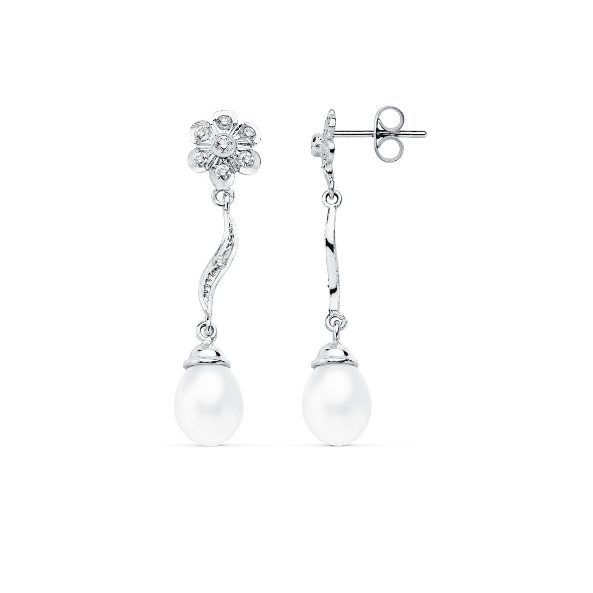 18K PENDIENTES ORO BLANCO PERLA 9X7 MM FLOR 38X8 MM CIERRE PRESION 3