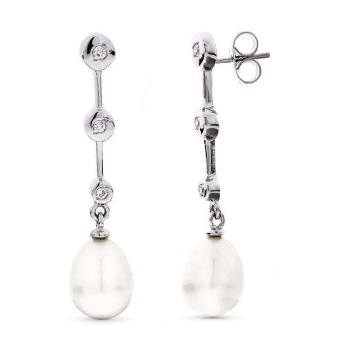 18K PENDIENTES ORO BLANCO LARGOS PERLA Y CIRCONITA CIERRE PRESION 3