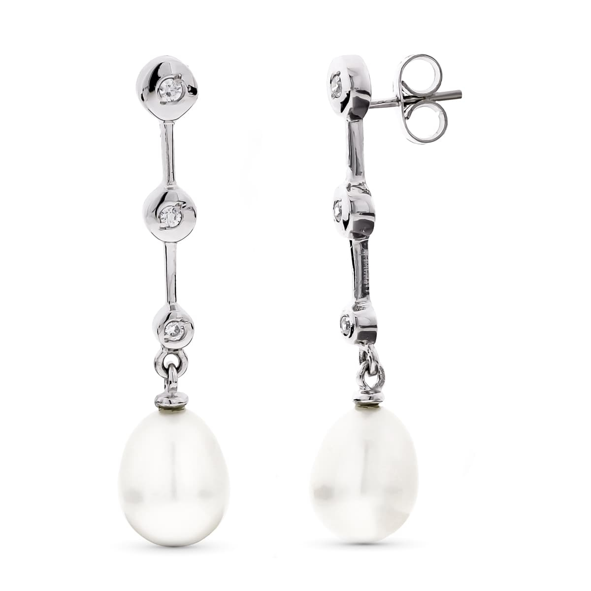 18K PENDIENTES ORO BLANCO LARGOS PERLA Y CIRCONITA CIERRE PRESION 3