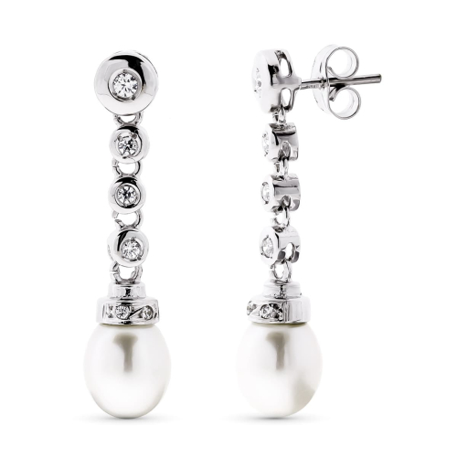 18K PENDIENTES ORO BLANCO LARGO PERLA CIULTIVADA 8 MM Y CIRCONITA TOTAL 30X7 MM CIERRE PRESION 3