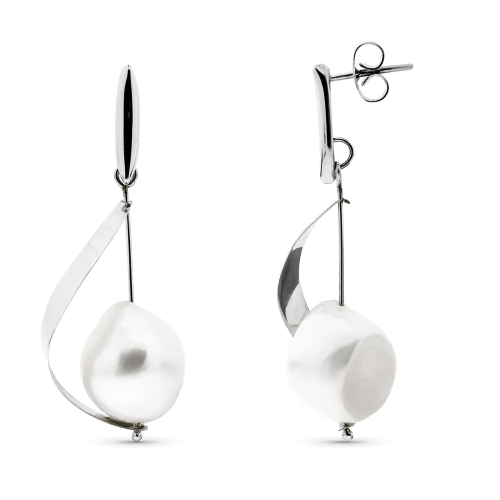 18K PENDIENTES ORO BLANCO LARGOS CON PERLA Y BARRA CIERRE PRESION 3