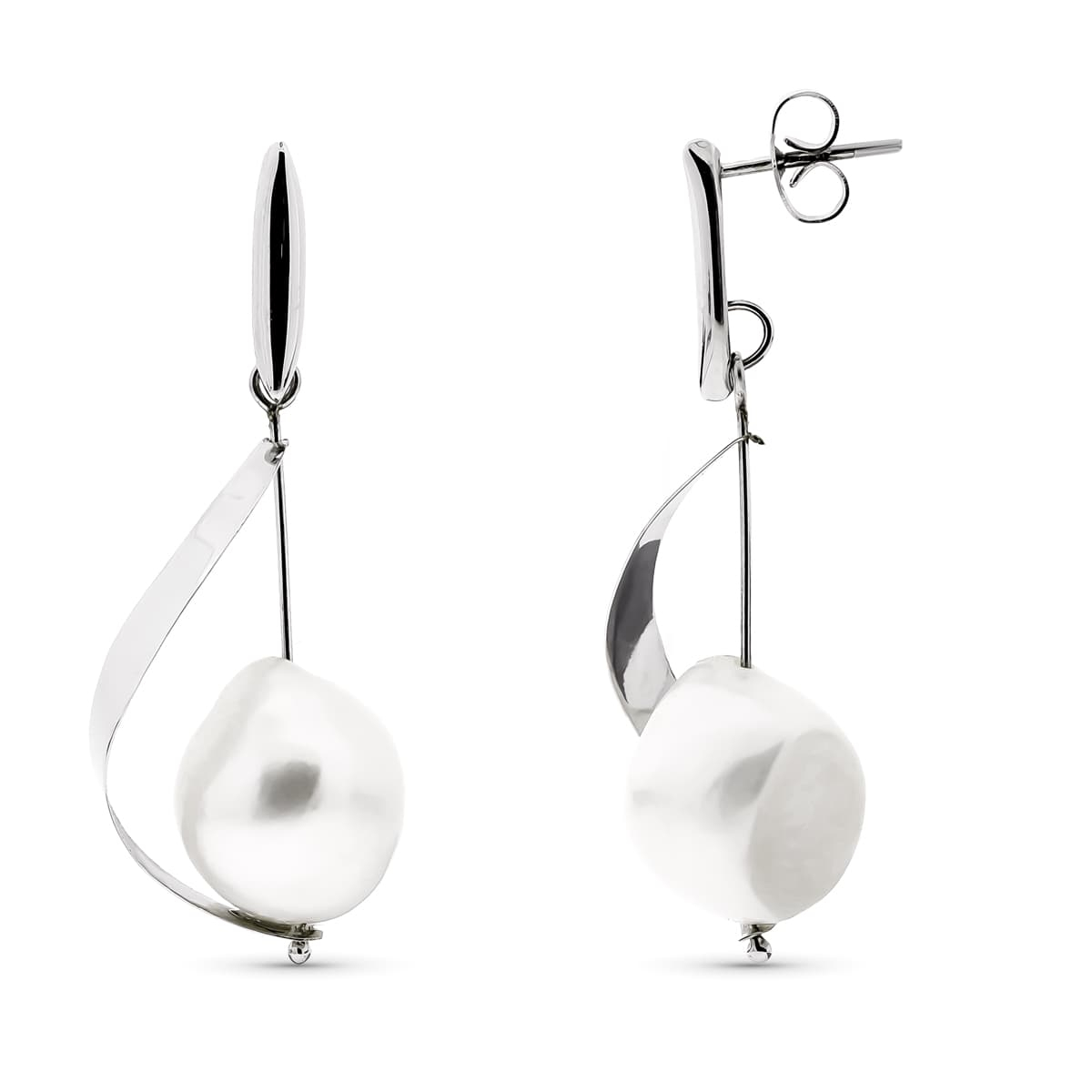 18K PENDIENTES ORO BLANCO LARGOS CON PERLA Y BARRA CIERRE PRESION 3