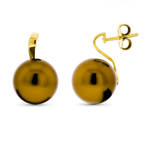 18K PENDIENTES ORO AMARILLO PERLA MARRON 15 MM CIERRE PRESION 3