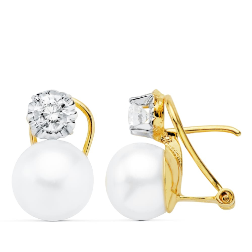 18K PENDIENTES BICOLOR PERLA BOTON 9.5 MM CIERRE OMEGA 3