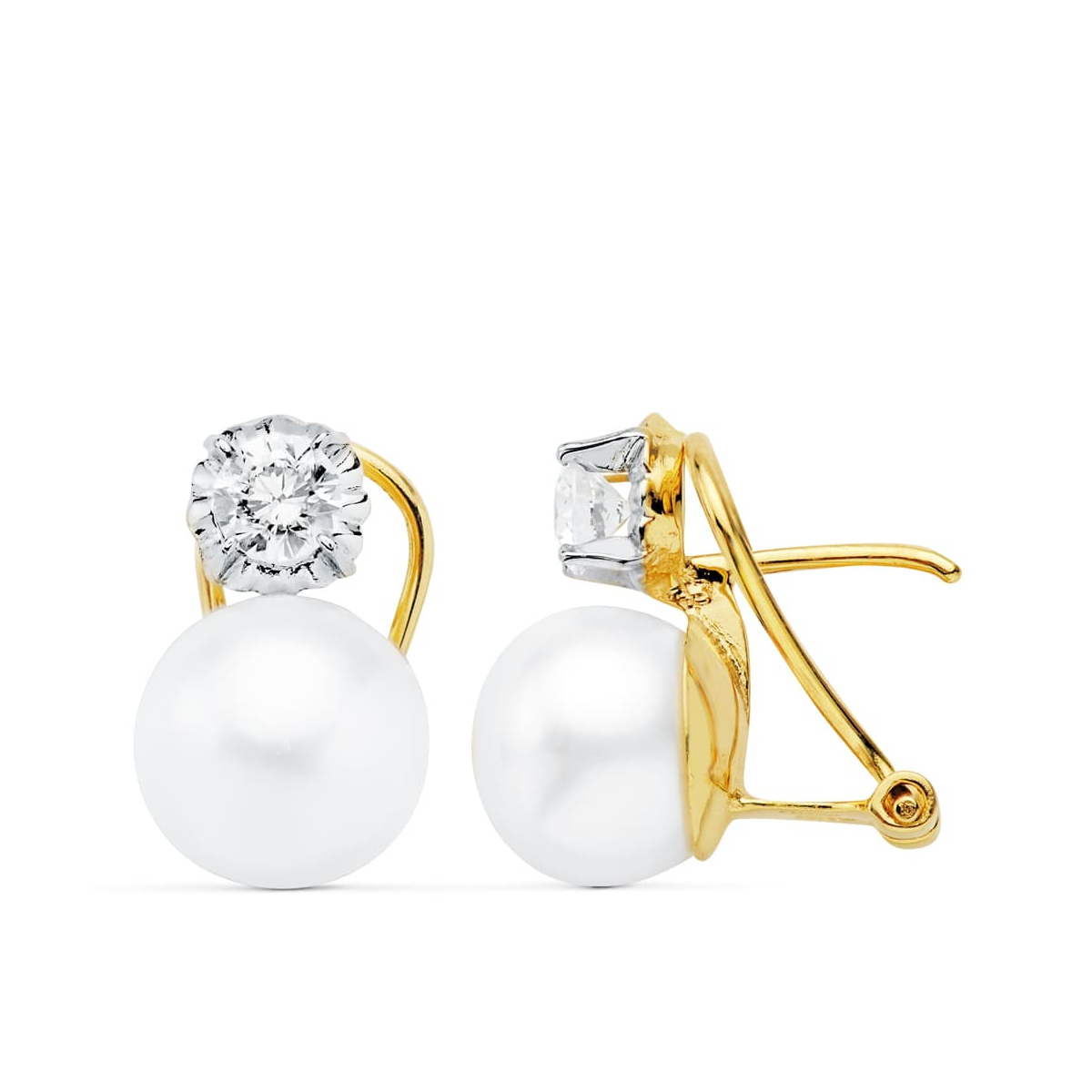 18K PENDIENTES BICOLOR PERLA BOTON 9.5 MM CIERRE OMEGA 3