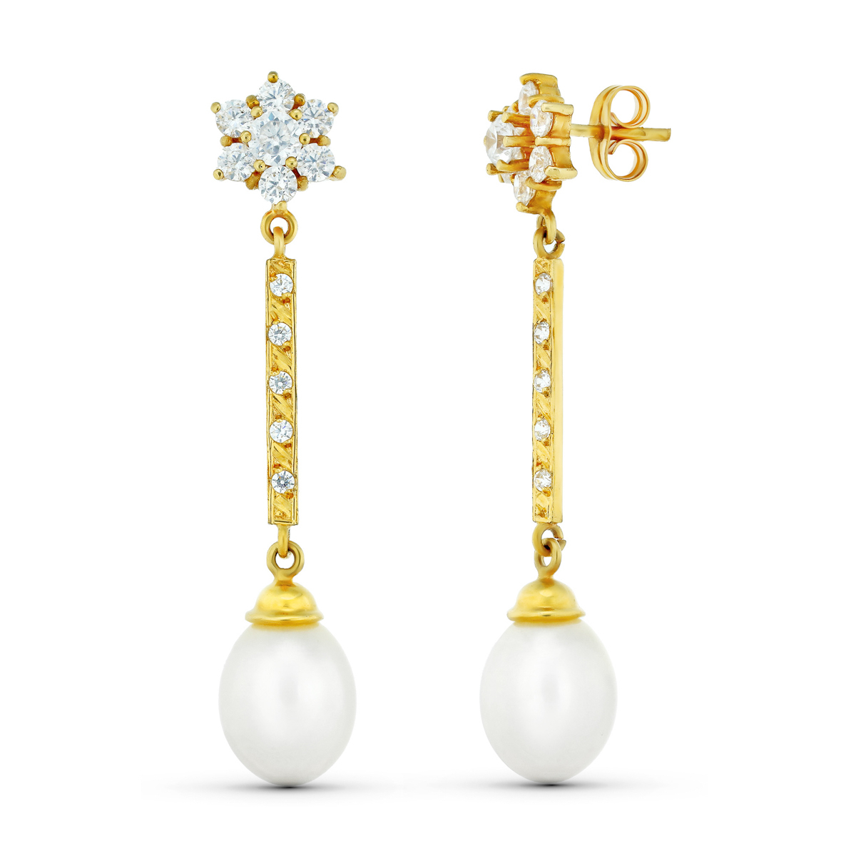 18K PENDIENTES ORO AMARILLO TRES CUERPOS CUAJO Y PERLA. CIERRE PRESION 3