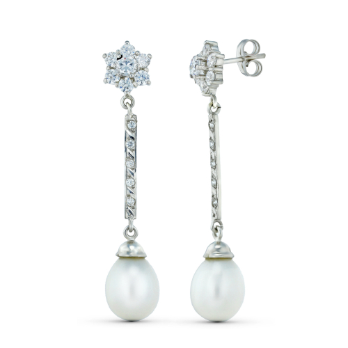 18K PENDIENTES ORO BLANCO TRES CUERPOS CUAJO Y PERLA. CIERRE PRESION 3