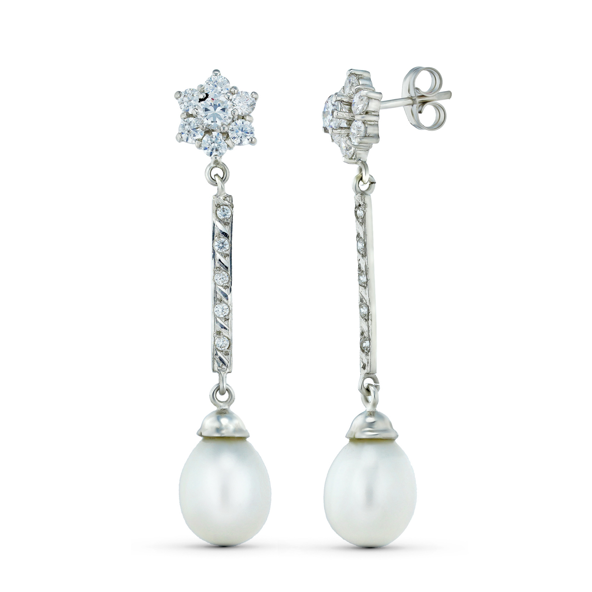 18K PENDIENTES ORO BLANCO TRES CUERPOS CUAJO Y PERLA. CIERRE PRESION 3