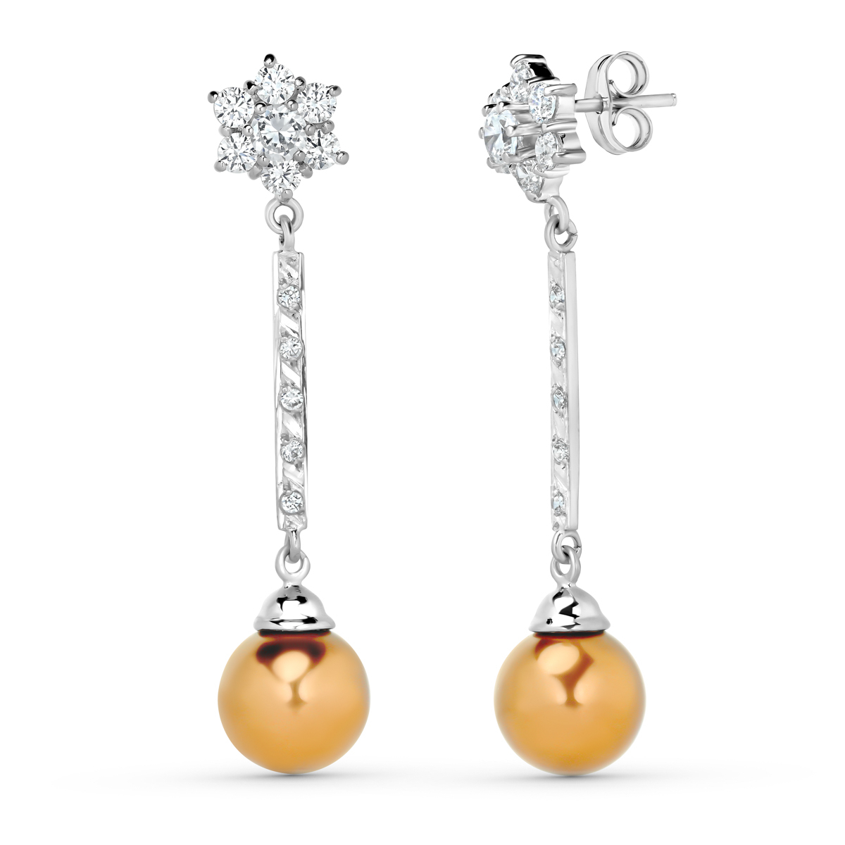 18K PENDIENTES ORO BLANCO PERLA MARRON CIRCONITAS CIERRE PRESION 3