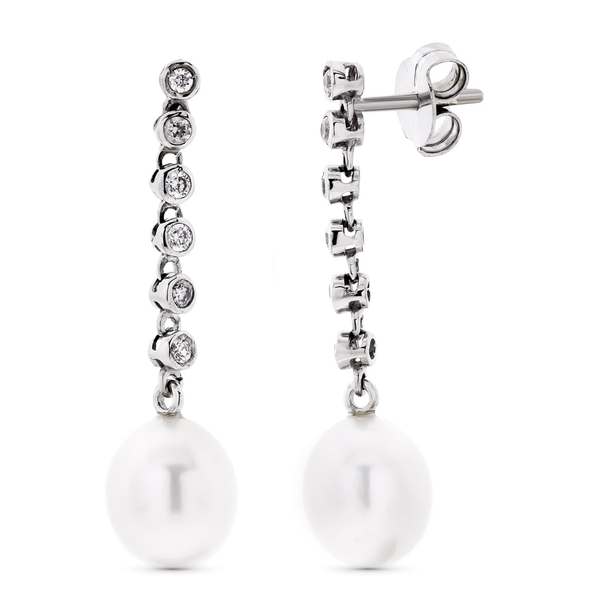 18K PENDIENTES ORO BLANCO LARGOS CON CIRCONITA Y PERLA CIERRE PRESION 3