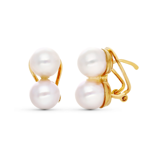 18K PENDIENTES ORO AMARILLO TU Y YO PERLA CULTIVADA CIERRE OMEGA 3