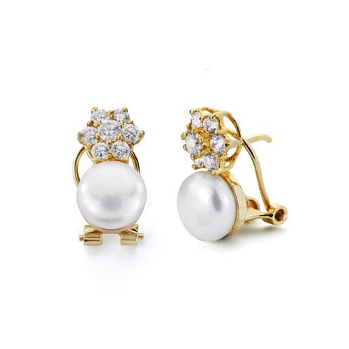 18K PENDIENTES ORO AMARILLO PERLA Y CIRCONITA 15X8 MM CIERRE OMEGA 3