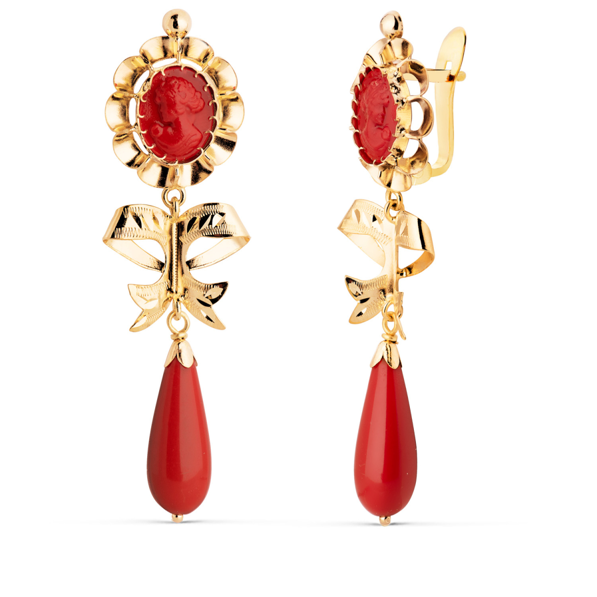 18K PENDIENTES ORO AMARILLO CORALINA CAMAFEO Y LAGRIMA CON LAZO. 53X14 MM. CIERRE CATALÁN 3