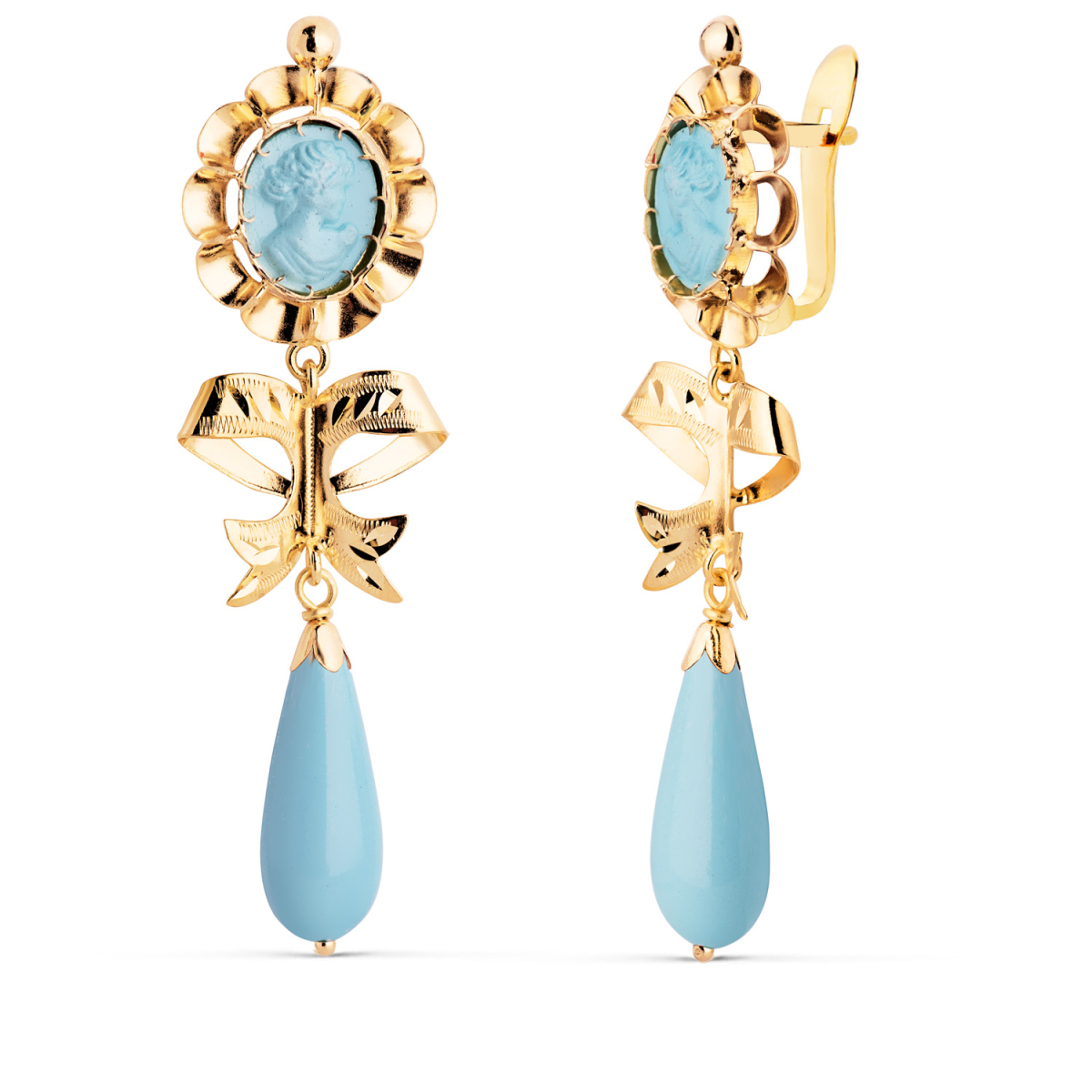 18K PENDIENTES ORO AMARILLO TURQUESA CAMAFEO Y LAGRIMA CON LAZO. 53X14 MM. CIERRE CATALÁN 3