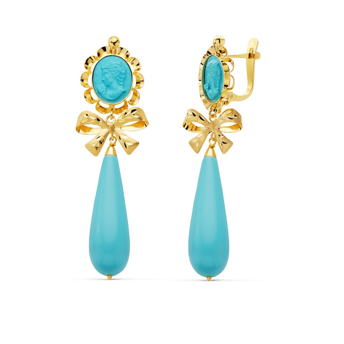 18K PENDIENTES ORO AMARILLO CAMAFEO LAZO TURQUESA 62X18 MM CIERRE CATALAN 3