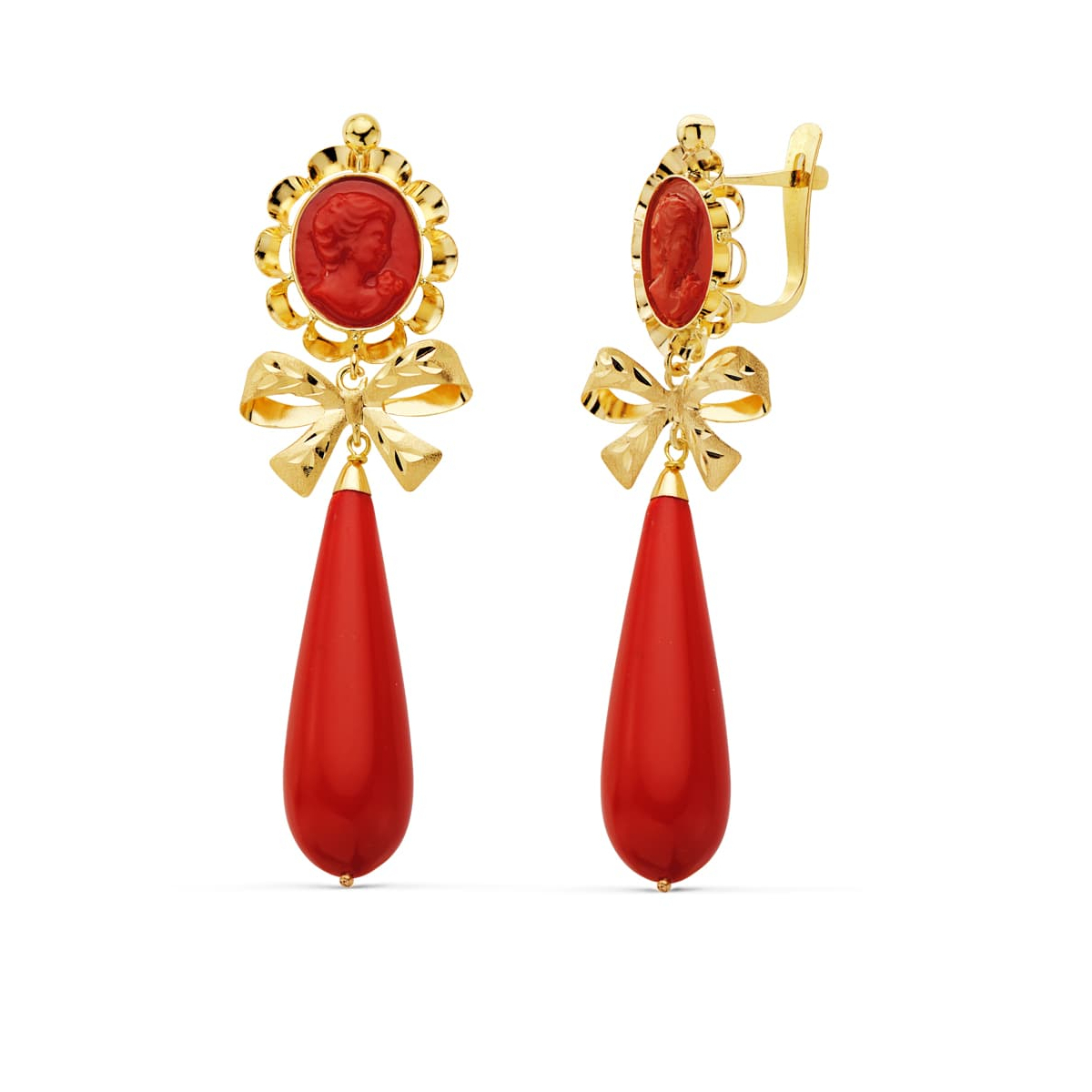 18K PENDIENTES ORO AMARILLO CAMAFEO LAZO CORALINA 62X18 MM CIERRE CATALAN 3