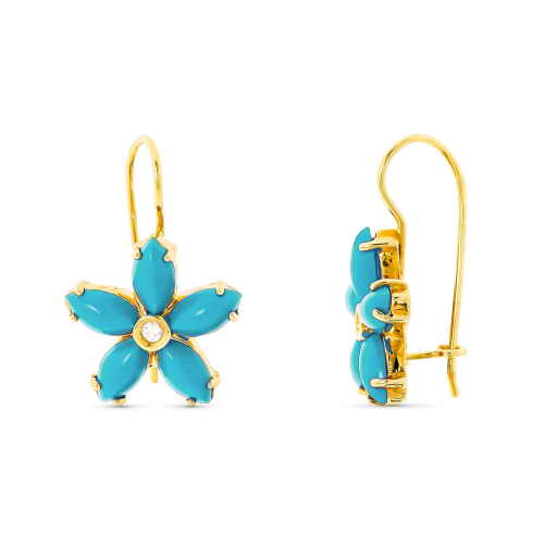 18K PENDIENTES ORO AMARILLO LARGO FLOR TURQUESAS 6X3MM CIRCONITA CIERRE GANCHO 4