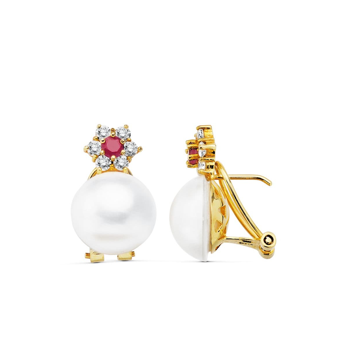 18K PENDIENTES ORO AMARILLO PERLA JAPONESA 21X13 MM CIERRE OMEGA 4