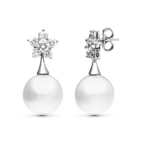 18K PENDIENTES ORO BLANCO FLOR CIRCONITA PERLA 14 MM CIERRE PRESION 4