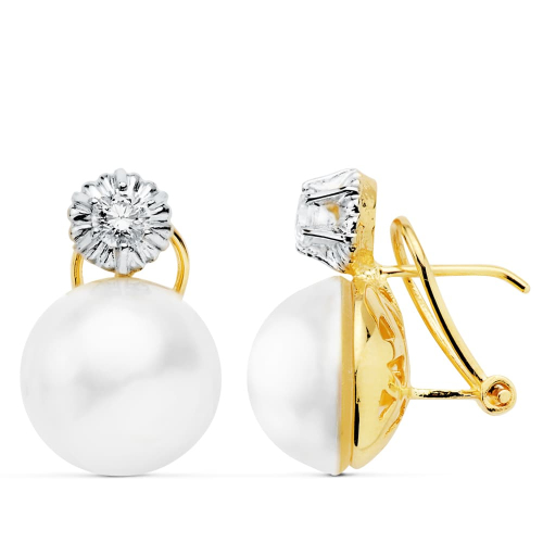 18K PENDIENTES BICOLOR PERLA JAPONESAS 13 MM CIERRE OMEGA 5