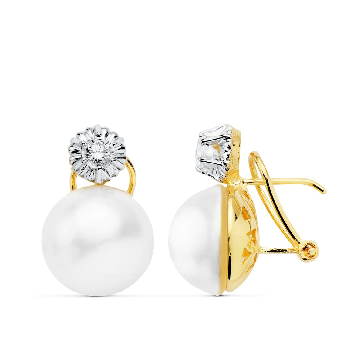 18K PENDIENTES BICOLOR PERLA JAPONESAS 13 MM CIERRE OMEGA 5