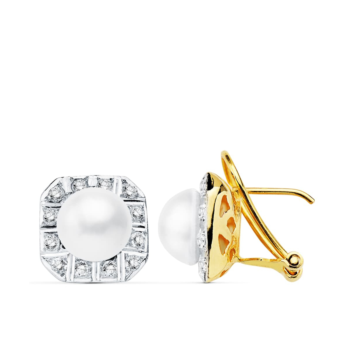 18K PENDIENTES BICOLOR PERLA JAPONESAS 8 MM CIERRE OMEGA 5