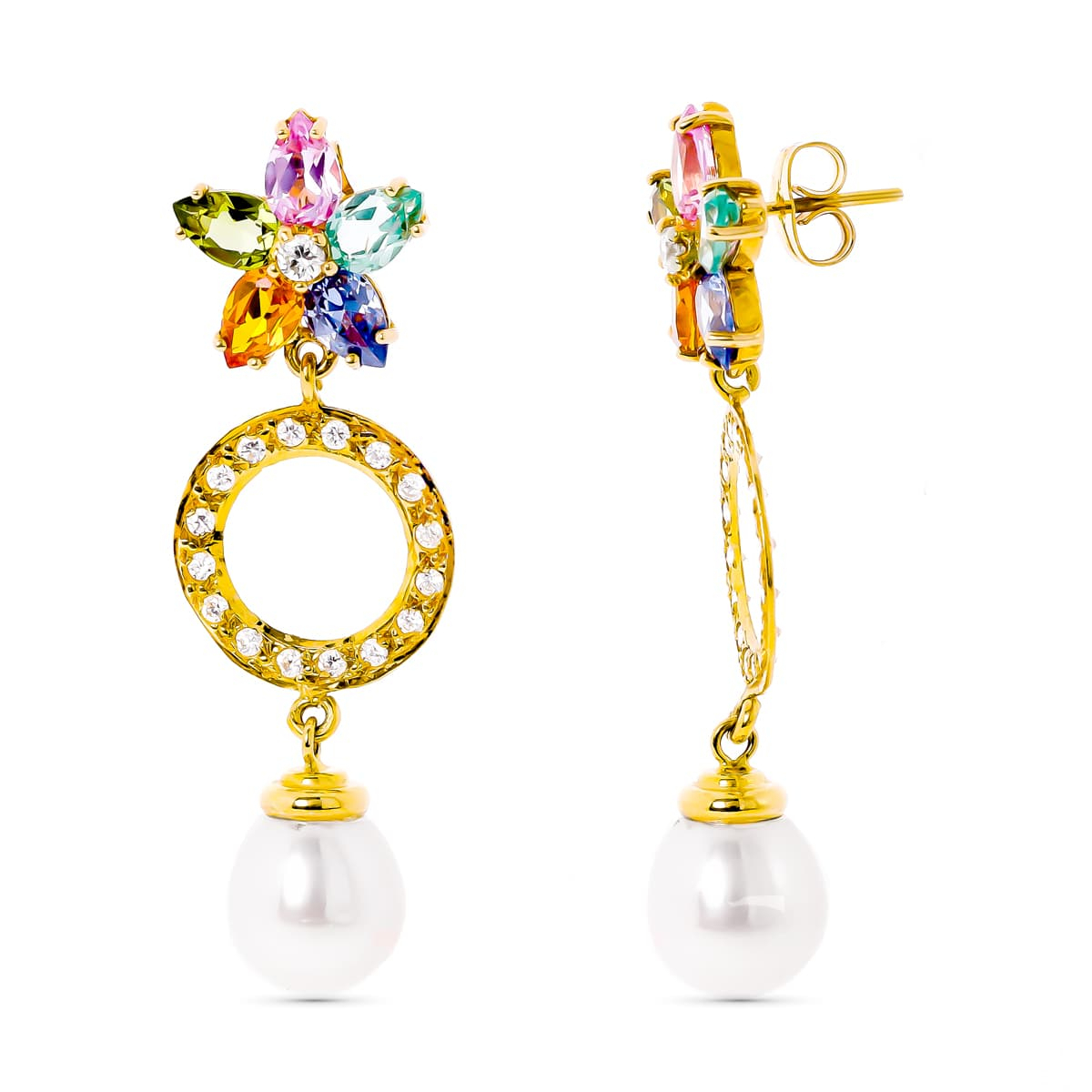18K PENDIENTES ORO AMARILLO CIRCONITA Y PERLA Y FLOR DE PIEDRA DE COLOR CIERRE PRESION 5