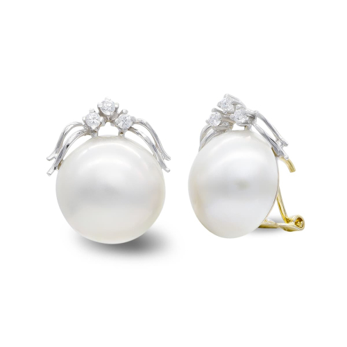 18K PENDIENTES ORO BICOLOR PERLA JAPONESA 14-16 MM Y CIRCONITA CIERRE OMEGA 5