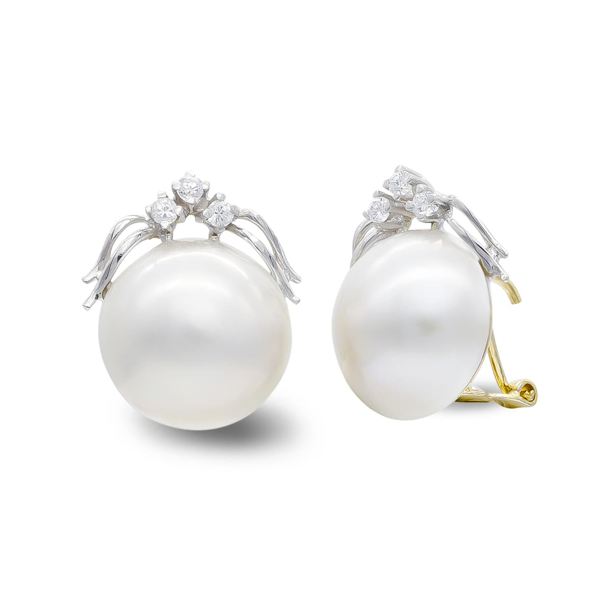 18K PENDIENTES ORO BICOLOR PERLA JAPONESA 14-16 MM Y CIRCONITA CIERRE OMEGA 5