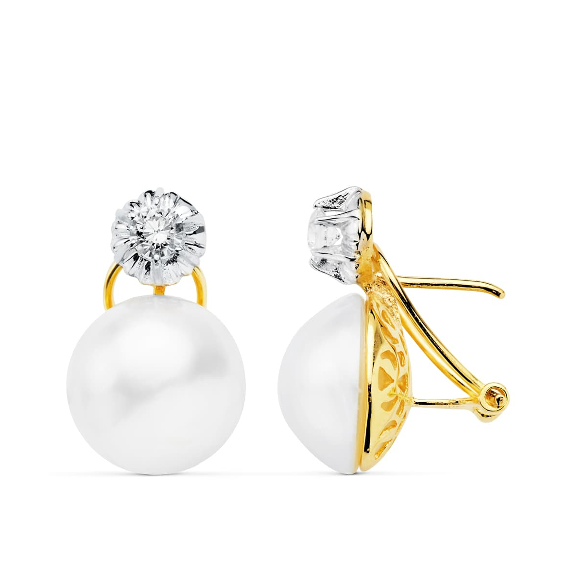 18K PENDIENTES PERLA JAPONESAS ORO BICOLOR 13.5-14 MM CIERRE OMEGA 5