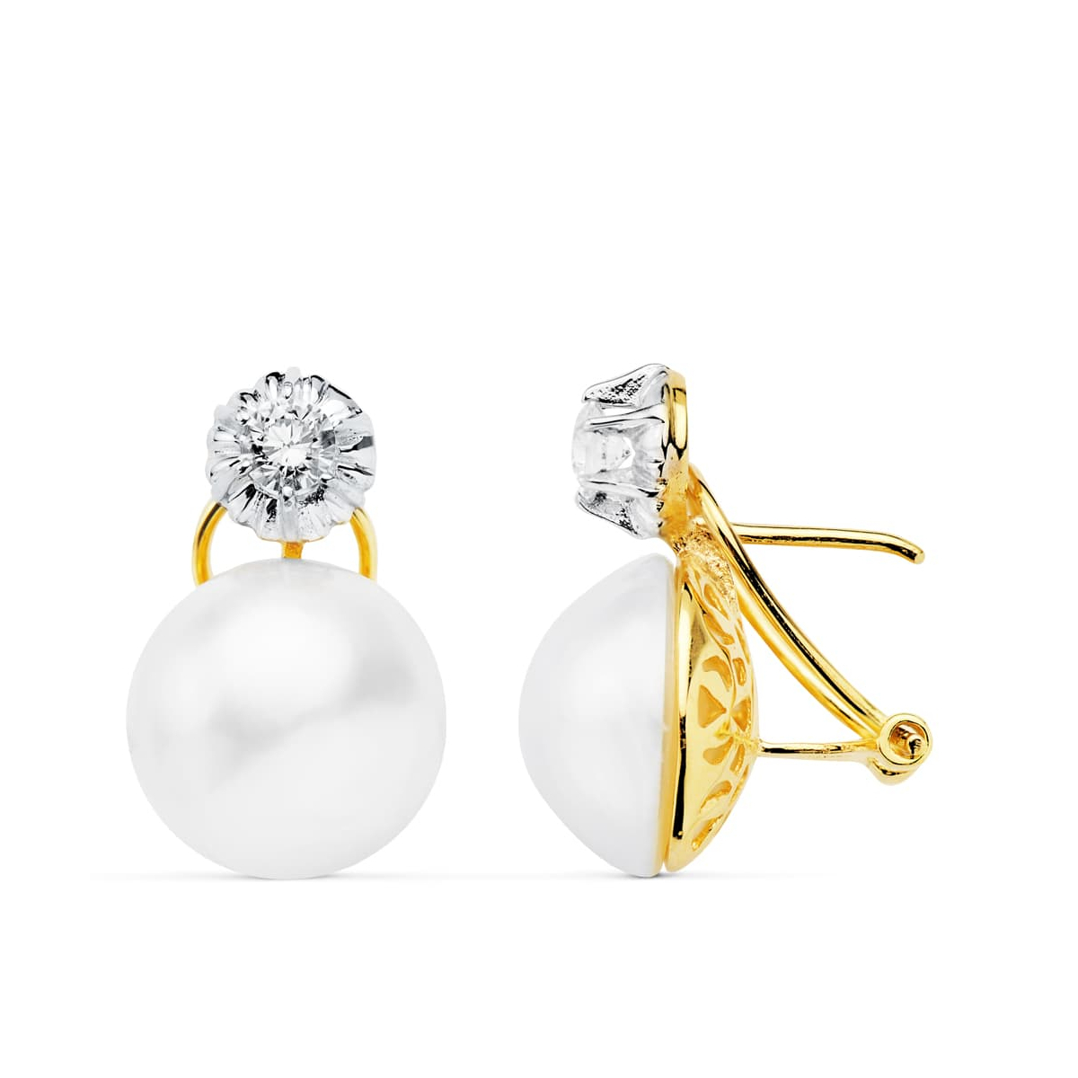18K PENDIENTES ORO AMARILLO PERLA JAPONESAS 13 MM CIERRE OMEGA 5