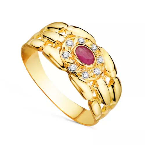 18K SORTIJA ORO AMARILLO PANTER CON CIRCONITAS Y RUBI NATURAL 4X3 MM. ANCHO: 9MM 2