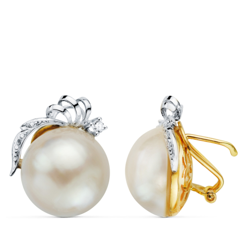 18K PENDIENTES ORO BICOLOR PERLA JAPONESA 15-16 MM. MEDIDA: 21X17MM. OMEGA 5,46gr