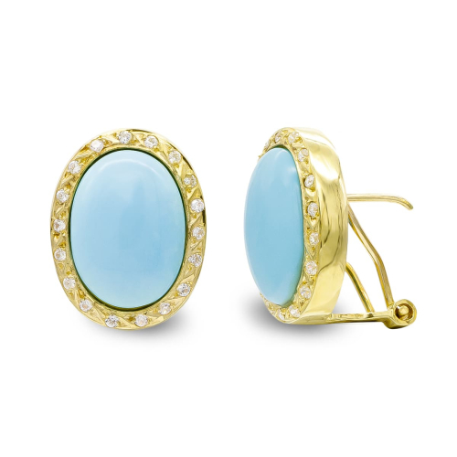 18K PENDIENTES ORO AMARILLO TURQUESA FINA 14X10 MM CIRCONITA CIERRE OMEGA 5,36gr