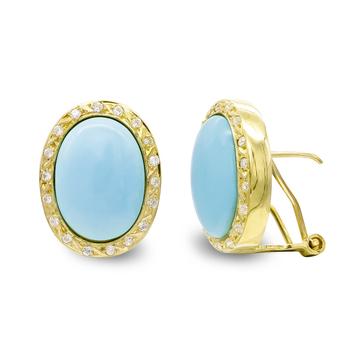18K PENDIENTES ORO AMARILLO TURQUESA FINA 14X10 MM CIRCONITA CIERRE OMEGA 5