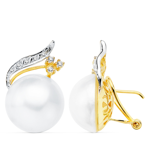 18K PENDIENTES ORO AMARILLO PERLA JAPONESAS 16 MM RAMA CIERRE OMEGA 5