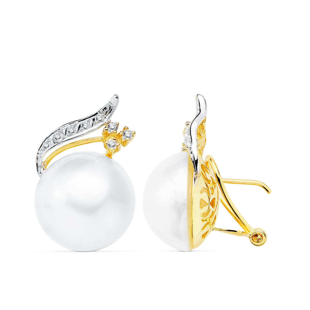 18K PENDIENTES ORO AMARILLO PERLA JAPONESAS 16 MM RAMA CIERRE OMEGA 5