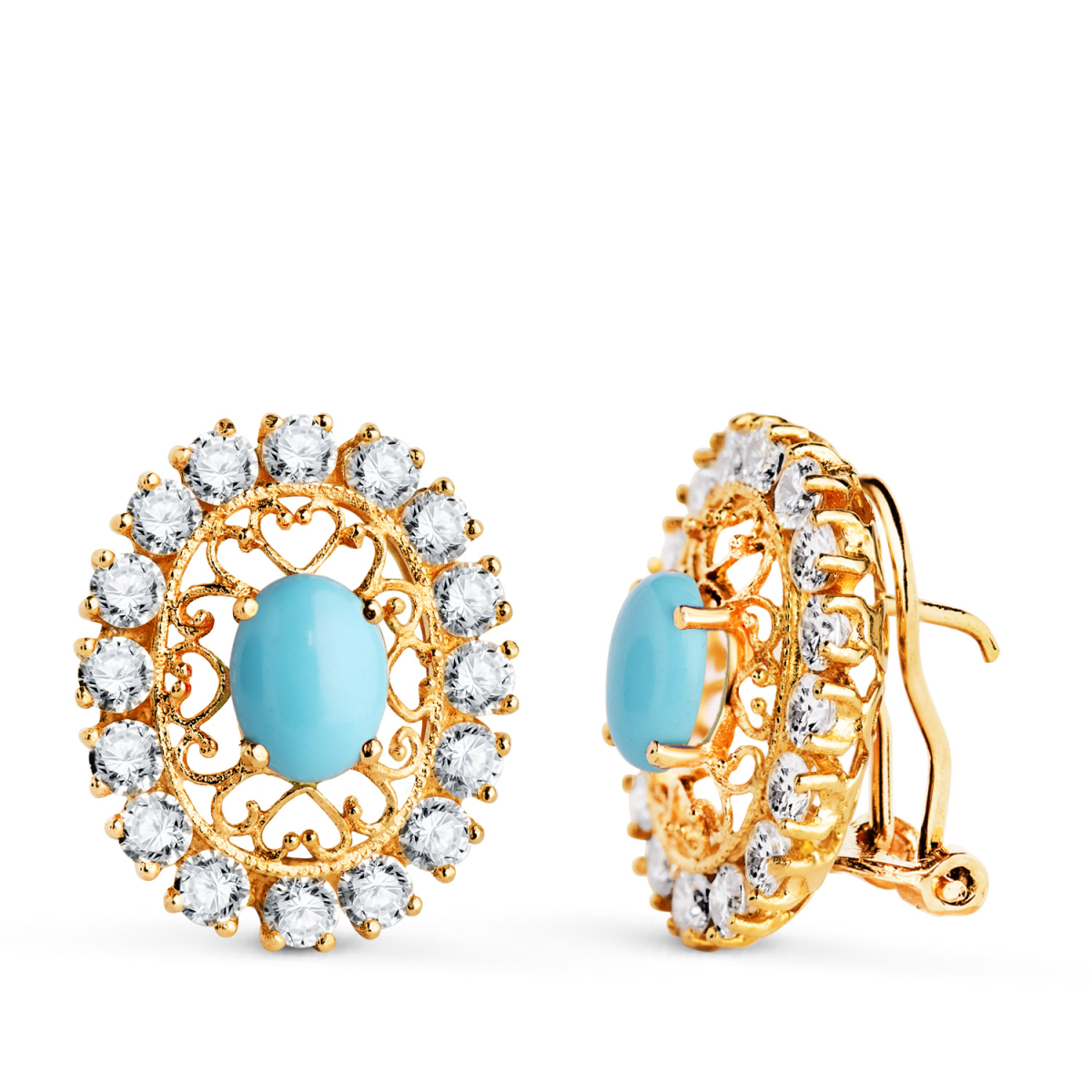 18K PENDIENTES ORO AMARILLO PIEDRA TURQUESA 7X5 MM CON CIRCONITAS. MEDIDA: 19X16 MM. CIERRE OMEGA 6