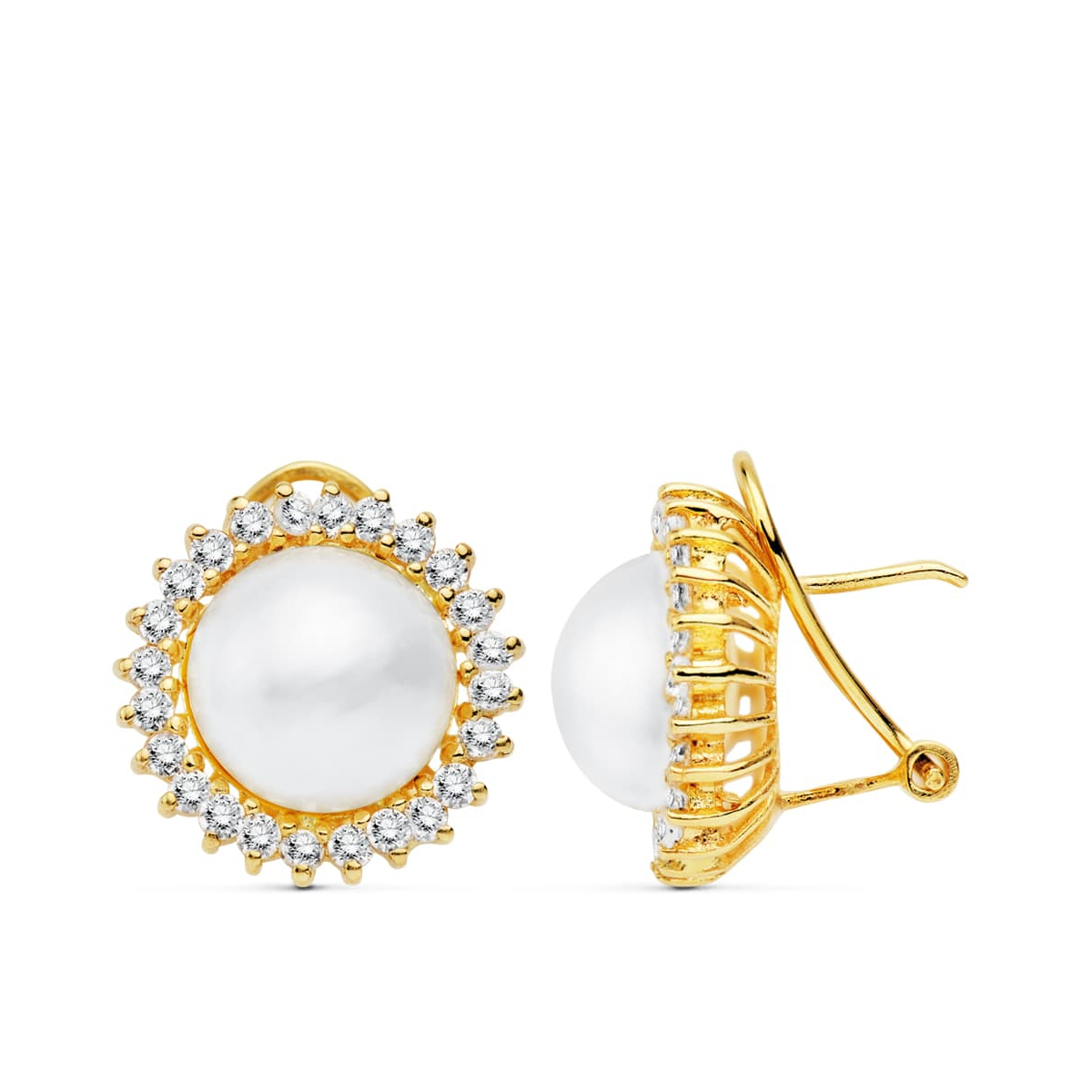 18K PENDIENTES ORO AMARILLO PERLA JAPONESAS 11 MM CIERRE OMEGA 6