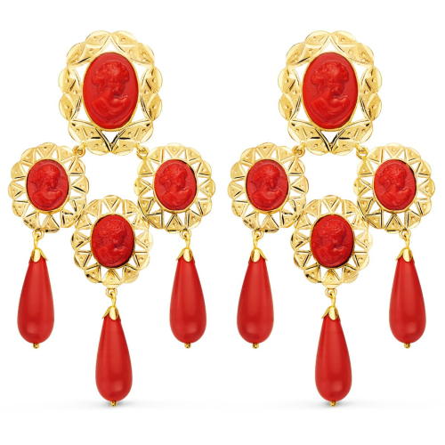 18K PENDIENTES ORO AMARILLO MANTILLA CAMAFEO Y CORAL 70X38 MM CATALAN 9