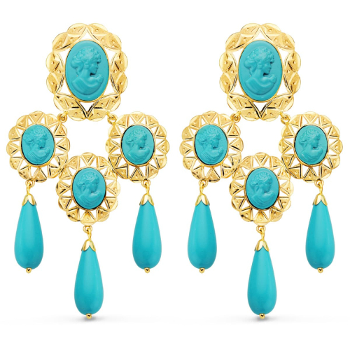 18K PENDIENTES ORO AMARILLO MANTILLA CAMAFEO Y TURQUESAS. 70X38 MM CATALAN 9