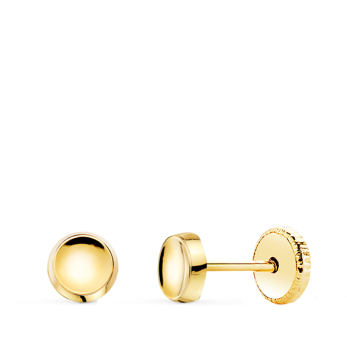 18K PENDIENTES ORO AMARILLO REDONDO CONCAVO EN BRILLO 5 MM. CIERRE TUERCA 0